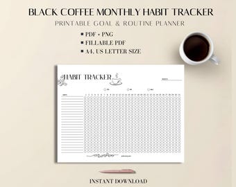 Habit Tracker Black Coffee Theme PDF: Printable Minimal Routine Planner A4 Letter