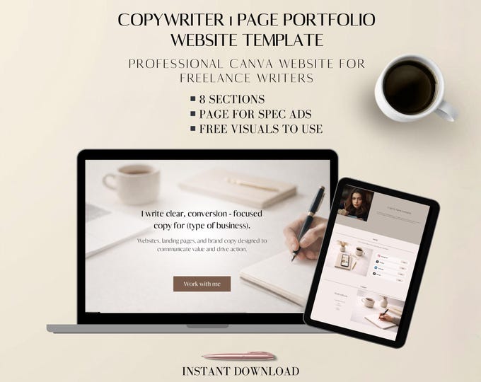 Featured listing image: Copywriter Website Template: 1 Page Canva Portfolio for Freelance Writers