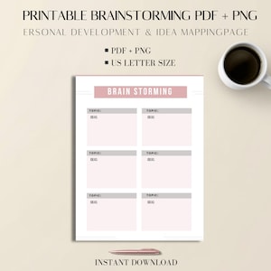 Może przedstawiać: Drukowalny dokument PDF i PNG do burzy mózgów, rozwoju osobistego i mapowania pomysłów. Dokument ma różowy i biały układ z sekcjami na tematy i pomysły. Tekst zawiera "Brain Storming". Po prawej stronie filiżanka kawy.
