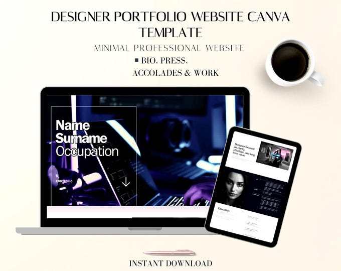 Designer Portfolio Website Canva Template: Minimal Editable One Page Digital Download