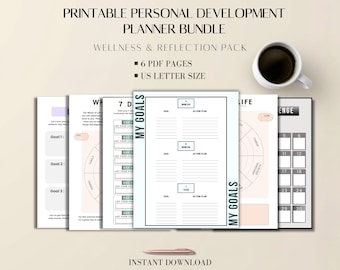 Personal Development Planner Bundle: Printable Wellness, Goal Tracker, US Letter PDF