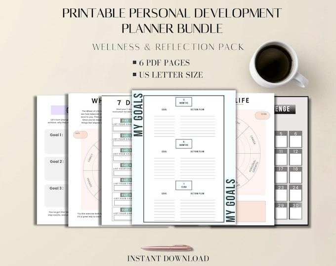 Personal Development Planner Bundle: Printable Wellness, Goal Tracker, US Letter PDF