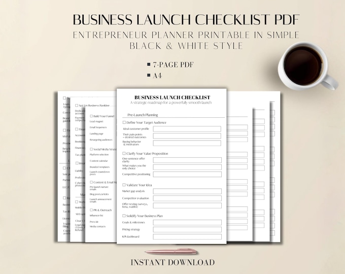 Launch Checklist PDF: 7-Page Printable Business Startup Planner A4 Black & White