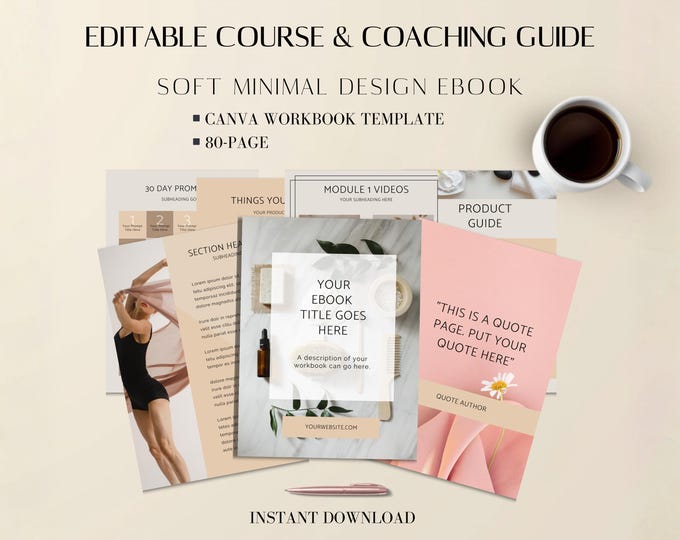 Featured listing image: Canva Workbook Template | 80-Page Editable Course & Coaching Guide | Soft Minimal Design eBook