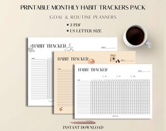 Habit Tracker Printable Pack: Minimal Monthly PDF, US Letter Size, 3 Routine Planners