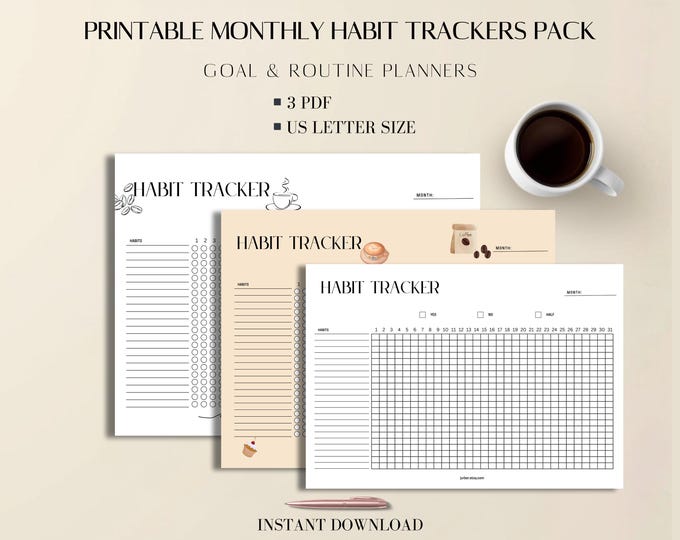 Habit Tracker Printable Pack: Minimal Monthly PDF, US Letter Size, 3 Routine Planners