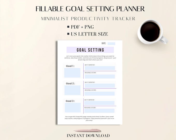 Goal Planner, Fillable Productivity Tracker, Routine & Wellness Tool, Minimal Design PDF