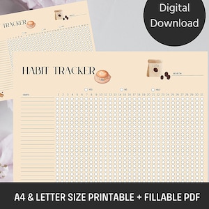 Rastreador de hábitos mensual imprimible: Plantilla digital colorida con temática de café para el autocuidado y el establecimiento de metas, imprimible en tamaño A4/carta, PDF rellenable