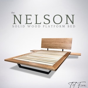 Nelson Bed Frame, Platform Bed Solid Wood, Oak Cherry Walnut Maple, Adjustable Headboard