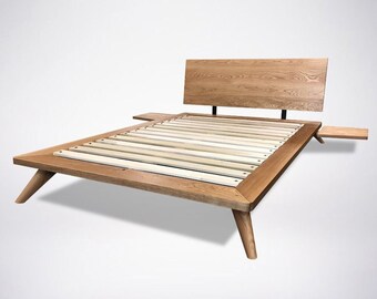 Nelson Bed Frame Hairpin Legs, Platform Bed Solid Wood, Oak Cherry Walnut Maple, Adjustable Headboard