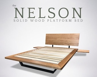 Nelson Bed Frame, Platform Bed Solid Wood, Oak Cherry Walnut Maple, Adjustable Headboard