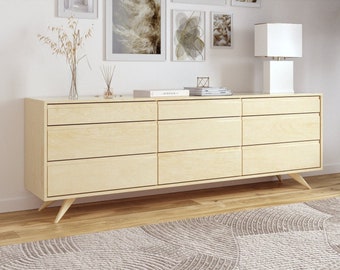 Modern 9 Drawer Dresser, Handmade Solid Wood, Organic Finish, Contemporary Design, Hairpin Legs Mid Century Modern