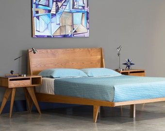 Cama moderna de plataforma ONE, marco de madera maciza - Altura de cabecera de 36" - Moderno de mediados de siglo - Madera dura - Hecho en EE. UU. - Arce cerezo de roble nogal