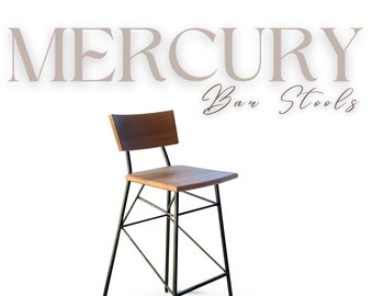 Mercury Bar Stool - Solid Wood Stool at Counter or Bar Height - Industrial, Rustic, Minimalist Bar Stool with Steel Frame