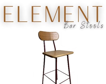 Element Bar Stool - Solid Wood Stool at Counter or Bar Height - Industrial, Modern, Minimalist Bar Stool with Steel Frame