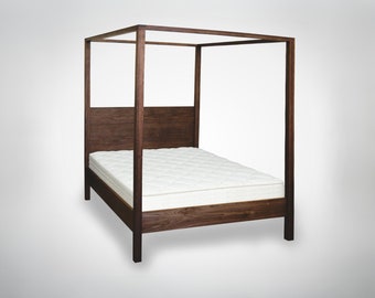 Walnut Wood Canopy Bed Frame: Modern Platform Bed, King/Queen/Full