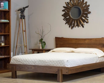 Horizon Mid Century Modern Bed, LOW Headboard, Easy Assembly, Hardwood Platform, Walnut Oak Cherry Maple, Contemporary Bedroom Furniture