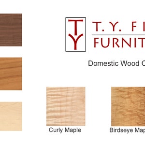 May include: Samples of different wood types used in furniture making. Black walnut, cherry, maple, curly maple, birdseye maple, and curly cherry wood are shown.
