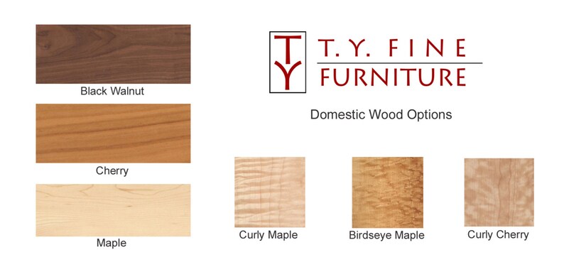 May include: Samples of different wood types used in furniture making. Black walnut, cherry, maple, curly maple, birdseye maple, and curly cherry wood are shown.