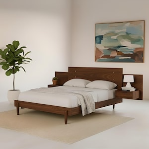 Solid Wood Platform Bed Frame: Mid-Century Modern with Brass Accents