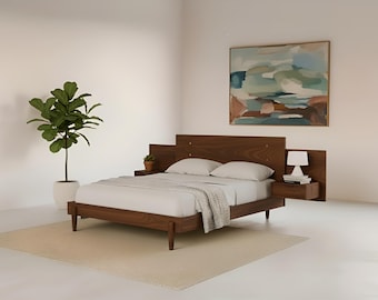 Solid Wood Platform Bed Frame: Mid-Century Modern with Brass Accents