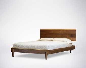 Apollo Platform Bed with Brass Bar Detail on Wood Headboard - Solid Wood Bed Frame in Cherry, Maple, Walnut, Oak - Multiple Bed Sizes