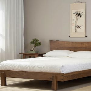Mid Century Modern Walnut Platform Bed | High Headboard, Easy Assembly, King, Queen, Full Sizes, Wooden Frame