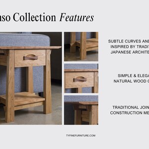 May include: A wooden end table with a drawer and a shelf. The table has a simple, elegant design with subtle curves and edges. The wood grain is natural and the table is made with traditional joinery and construction methods.