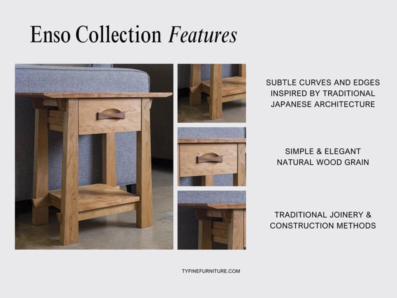 May include: A wooden end table with a drawer and a shelf. The table has a simple, elegant design with subtle curves and edges. The wood grain is natural and the table is made with traditional joinery and construction methods.