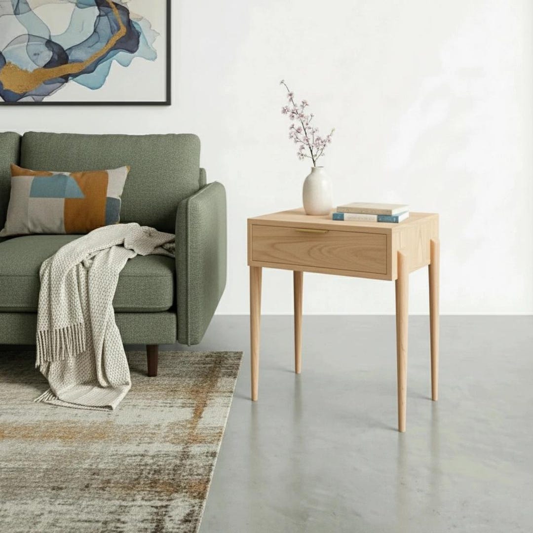 Handmade Mid Century Modern Wood Side Table: Solid Oak, Cherry