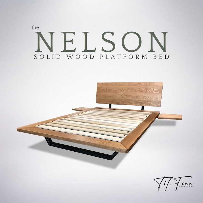 Nelson queen king Bed Frame, Platform Bed Solid Wood, Oak Cherry Walnut Maple, Adjustable Headboard Bild 1