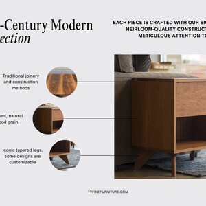 Pu&ograve; includere: Un tavolino da salotto in stile moderno di met&agrave; secolo con un cassetto e uno scaffale. Il tavolo &egrave; in legno con venature naturali e ha gambe affusolate. Il testo "TYFINEFURNITURE.COM" &egrave; visibile nell'angolo in basso a destra dell'immagine.