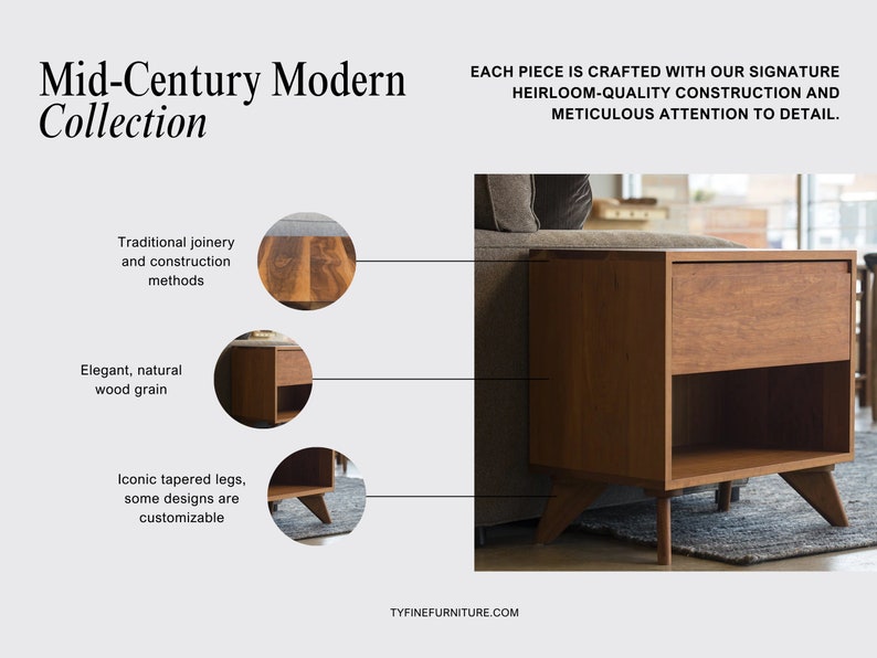 Pu&ograve; includere: Un tavolino da salotto in stile moderno di met&agrave; secolo con un cassetto e uno scaffale. Il tavolo &egrave; in legno con venature naturali e ha gambe affusolate. Il testo "TYFINEFURNITURE.COM" &egrave; visibile nell'angolo in basso a destra dell'immagine.