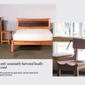 May include: A wooden bed frame with a headboard and footboard, made from sustainably harvested wood. The bed frame is shown with a white mattress and a nightstand. The text "Using only sustainably harvested locally-grown wood" is visible below the image.