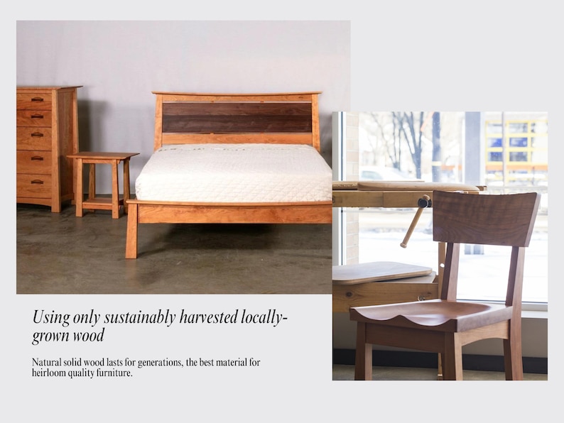 May include: A wooden bed frame with a headboard and footboard, made from sustainably harvested wood. The bed frame is shown with a white mattress and a nightstand. The text "Using only sustainably harvested locally-grown wood" is visible below the image.
