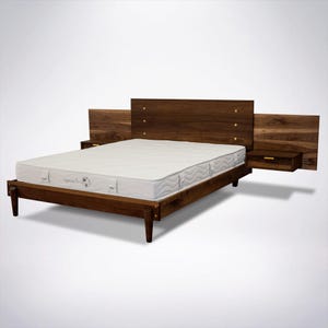 Apollo Platform Bed - Integrated Side Tables  - Brass Bar Detail on Wood Headboard - Solid Wood Bed Frame in Cherry, Maple, Walnut, Oak