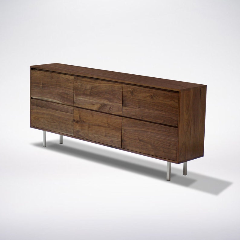 Modern dresser, shown in walnut wood with steel legs