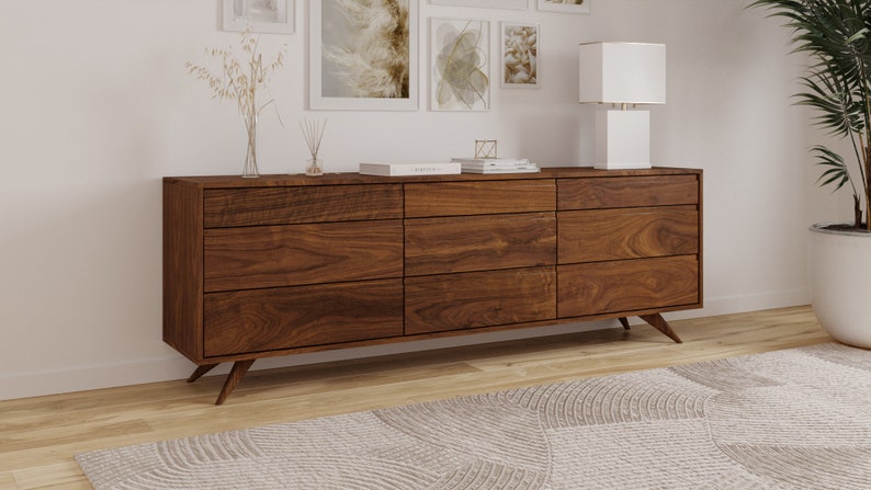 Modern 9 Drawer Dresser, Handmade Solid Wood, Organic Finish, Contemporary Design, Hairpin Legs Mid Century Modern image 1