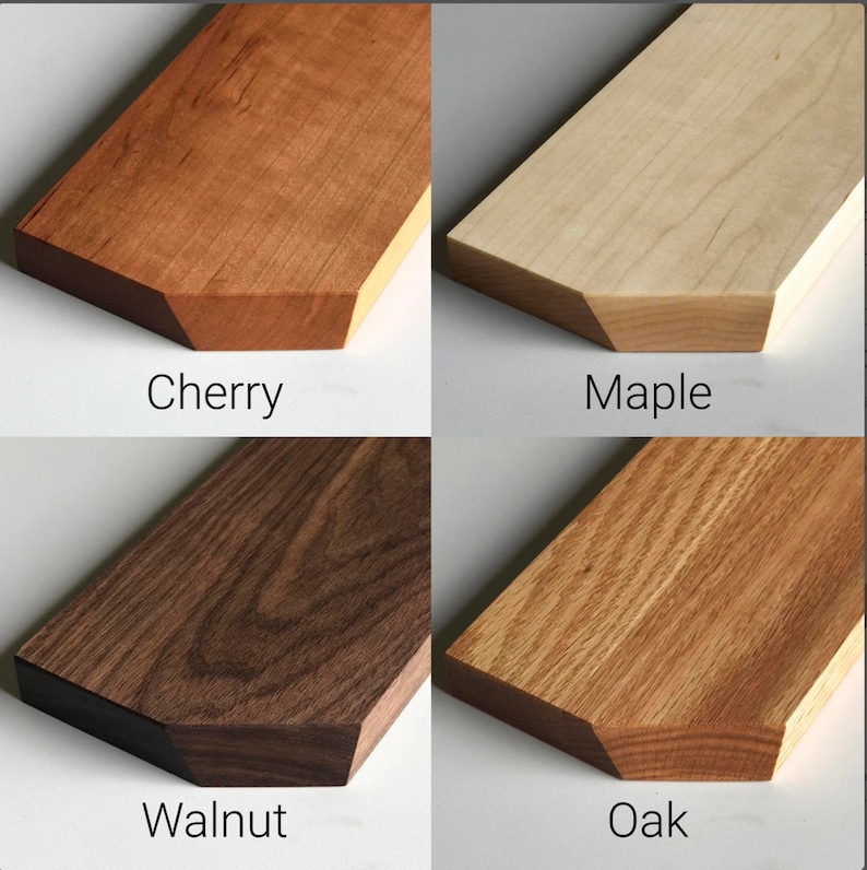 May include: Close-up of four wood samples: cherry, maple, walnut, and oak. Each sample is a light brown to dark brown color with a natural wood grain pattern.