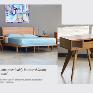 May include: A wooden bed frame with a light blue bedspread and two matching wooden nightstands. The nightstands have a drawer and a shelf. The text "Using only sustainably harvested locally-grown wood" is below the image. The text "Natural solid wood lasts for generations, the best material for heirloom quality furniture." is below the text.