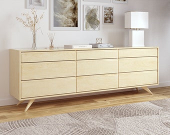 Modern 9 Drawer Dresser, Handmade Solid Wood, Organic Finish, Contemporary Design, Hairpin Legs Mid Century Modern