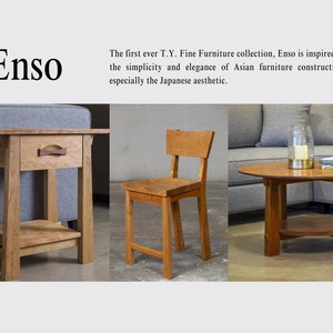 May include: A set of three wooden furniture pieces in a light brown wood tone. The pieces include a small side table with a drawer, a chair with a simple design, and a coffee table with a lower shelf. The furniture is inspired by Japanese aesthetics.