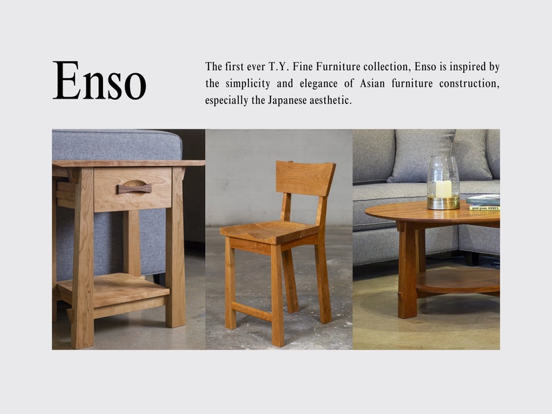 May include: A set of three wooden furniture pieces in a light brown wood tone. The pieces include a small side table with a drawer, a chair with a simple design, and a coffee table with a lower shelf. The furniture is inspired by Japanese aesthetics.