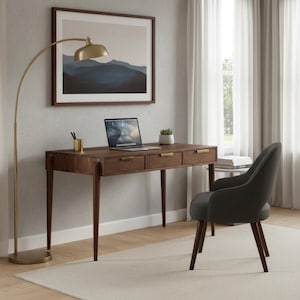 Solid Wood Desk: Mid Century Modern Office Desk, Walnut Finish