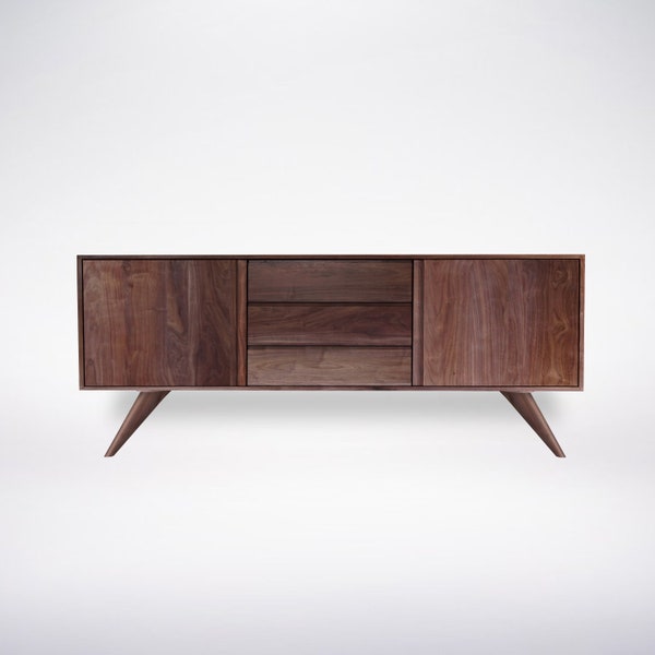 Mid Century Modern Sideboard Credenza Buffet, Solid Wood - Oak, Walnut, Cherry or Maple, MCM Storage