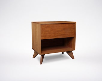 Midcentury Modern Wood Cube Side Table: Solid Wood Nightstand with Drawer