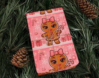 Papel de regalo navideño con diseño de pan de jengibre, ideal para cualquier ocasión.