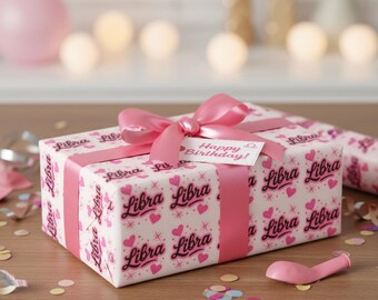 Papel de regalo Libra Y2K, papel de regalo rosa de cumpleaños astrológico