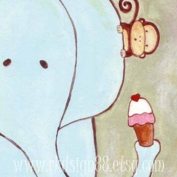 Sharing - Cute Elephant and Monkey with Ice Cream Nursery Art Print