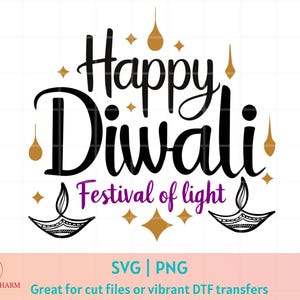 May include: A black and white graphic design with the text "Happy Diwali Festival of Light" in a decorative font. The design includes two stylized diya lamps with purple flames and gold accents.